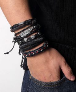 Black Leather Metal Ethnic Charm Bracelet Bangles