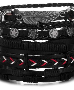 Black Leather Metal Ethnic Charm Bracelet Bangles
