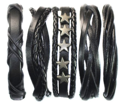 Charm Men Braided Leather Metal Wrap Bracelet