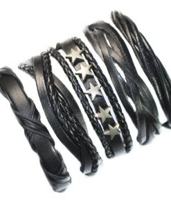 Charm Men Braided Leather Metal Wrap Bracelet