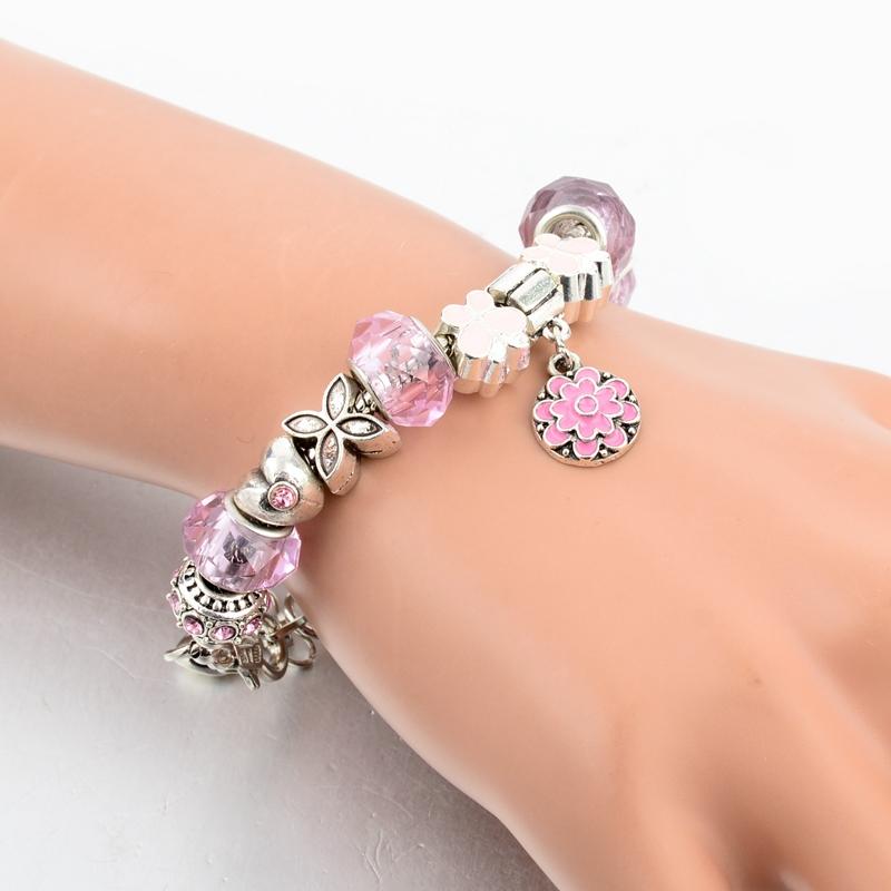 2016 Snake Chain Pink Crystal Charms Gift Silver Bracelets New Arrival 18cm Bracelets & Bangles For Women Pulseira SBR160038