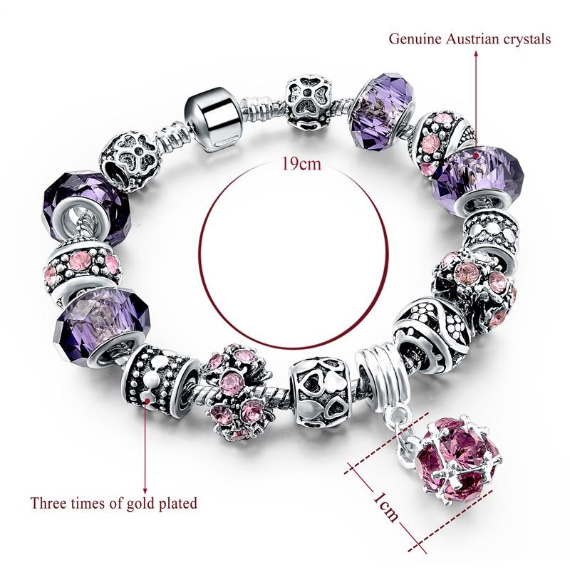 925 Silver Jewelry Purple Crystal Beads Fit Pandora Charm Bracelet For Women Friendship Pulseiras Braceletes SBR150295